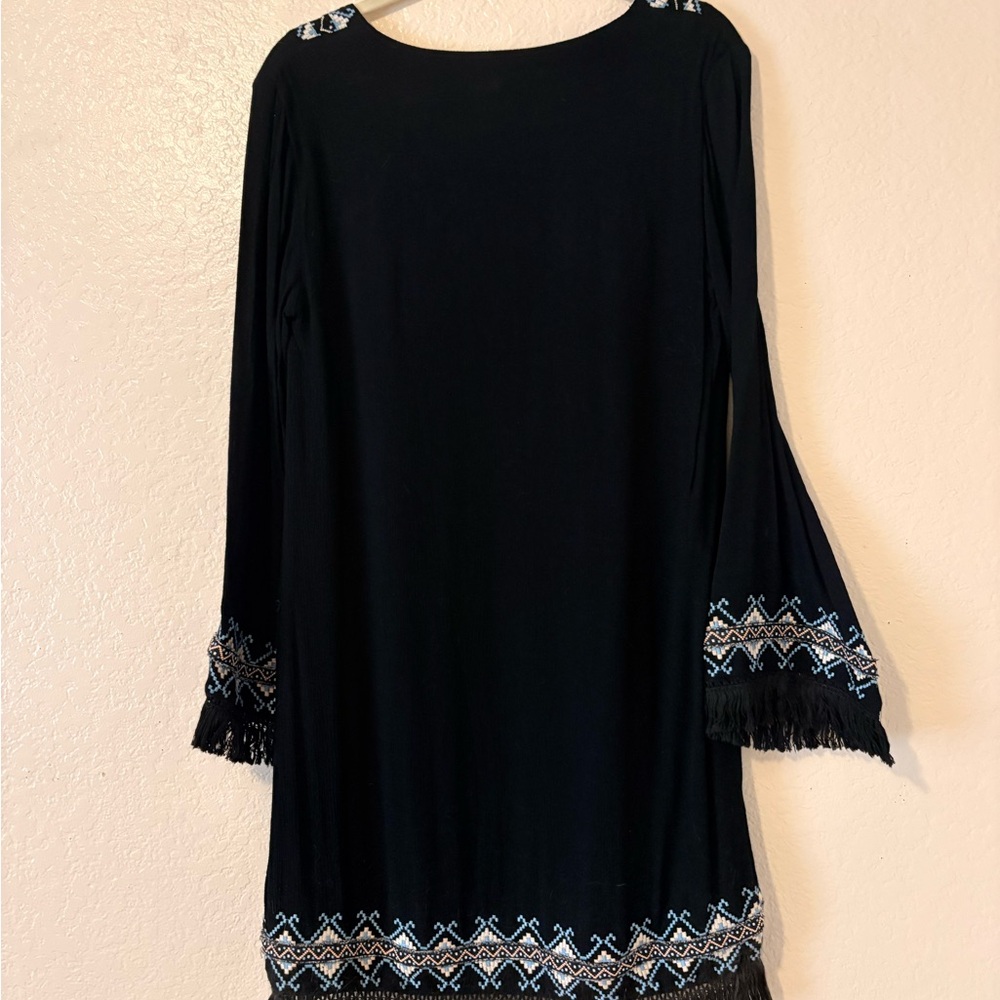 Miss Me Black Midi Dress with Blue & White Embroidered Trim - Picture 2 of 3